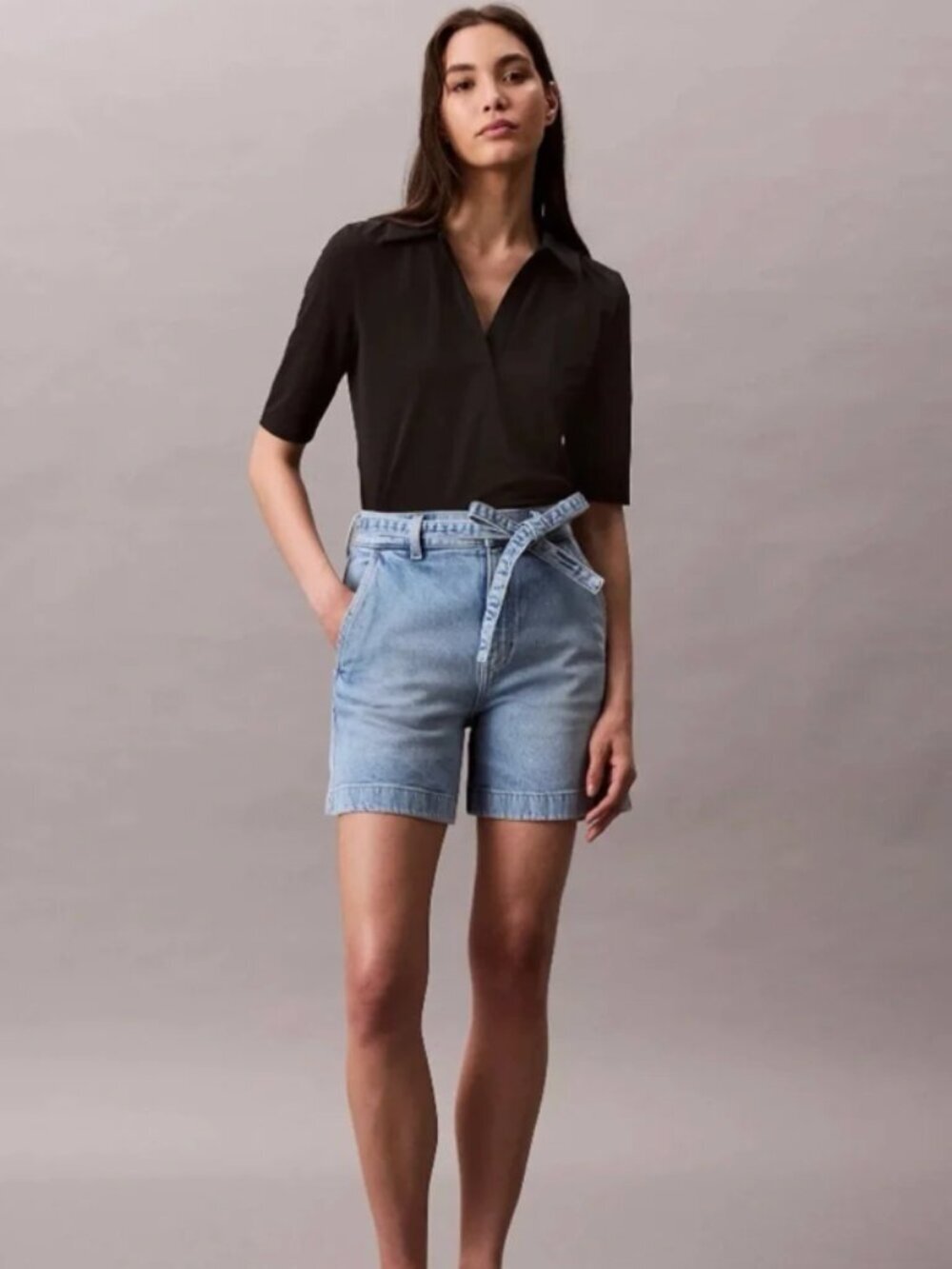 Calvin Klein A Line High Waisted Tie Belt Denim Shorts Size 28